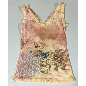 Tan Beige Floral Y2K Ruffle Sleeveless Tee Tank Top T-Shirt Blouse Size XS ✨